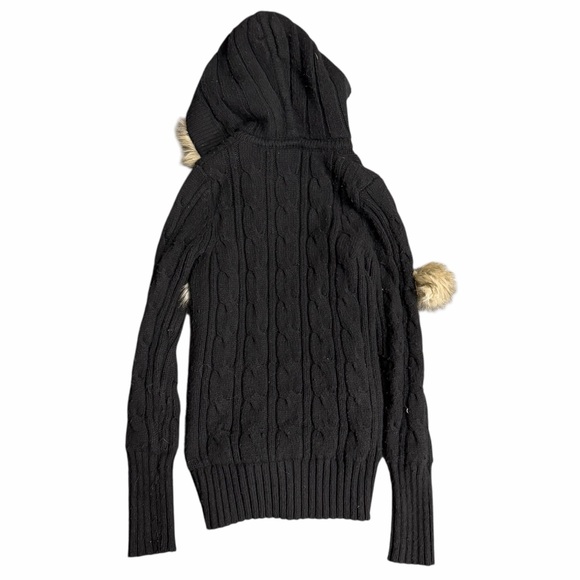 Y2K American Eagle Coquette Cable Knit Fur Hood Pom Pom Sweater Size XS - Picture 5 of 10